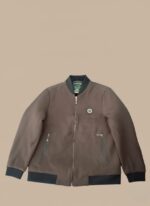 Classic Beige Men's Bomber Jacket with Black Trim and Zip Pockets - Image 5