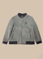 Classic Beige Men's Bomber Jacket with Black Trim and Zip Pockets - Image 4