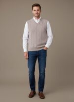 a beige cable-knit sweater vest with a V-neck, showing the textured cable pattern