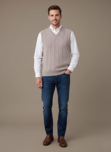 a beige cable-knit sweater vest with a V-neck, showing the textured cable pattern