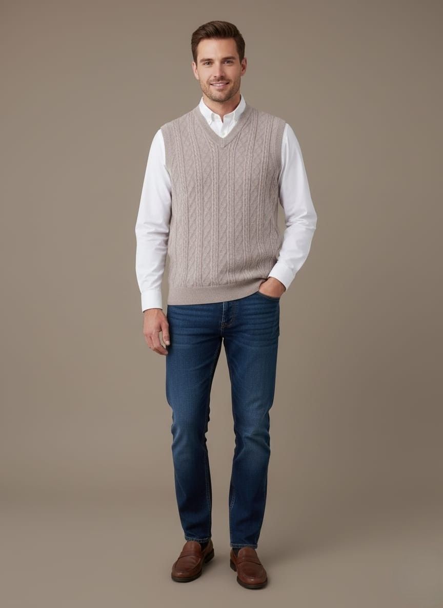 a beige cable-knit sweater vest with a V-neck, showing the textured cable pattern