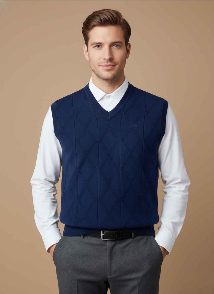 Men's Blue Sweater Vest | V-Neck Wool Knit Dark blue V-neck sweater vest with argyle pattern.