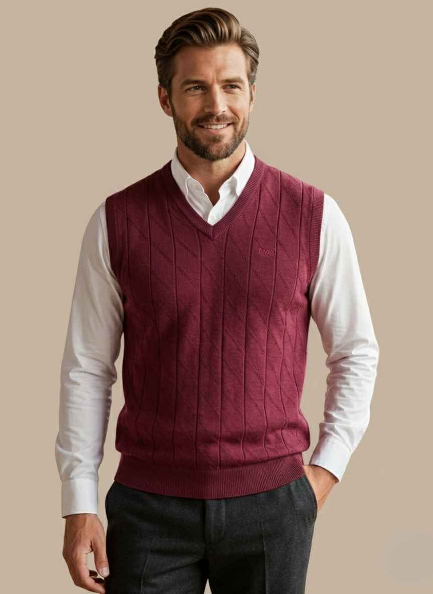 Maroon V-neck knit sweater vest with a subtle vertical pattern