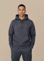 Charcoal gray Nike Men's Hoodie Tracksuit with a large embroidered logo on the pullover hoodie.