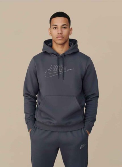 Charcoal gray Nike Men's Hoodie Tracksuit with a large embroidered logo on the pullover hoodie.