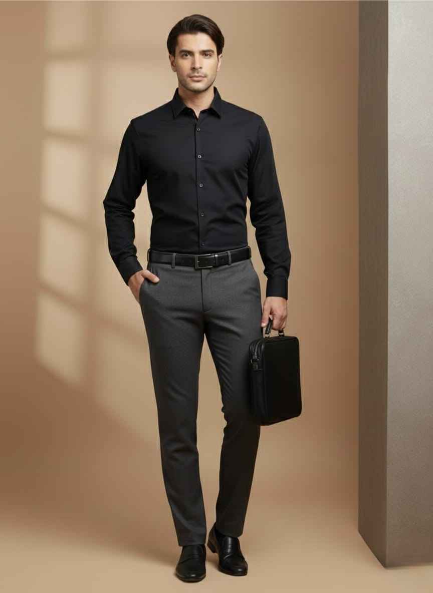 Men's Black Formal Shirt - Classic Business Attire High-quality image of a brand new, pressed black long-sleeve button-down shirt with a structured collar.
