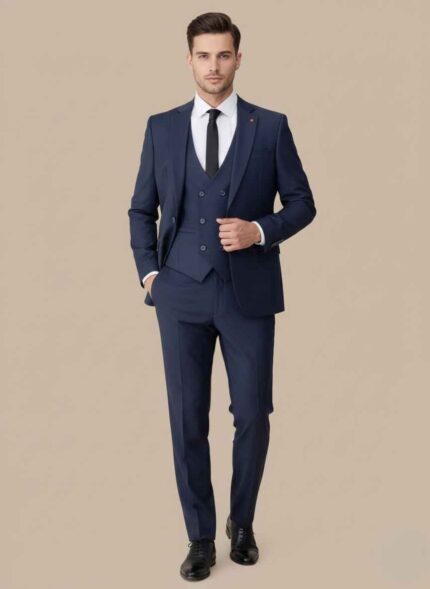 Navy blue men’s three piece dress suit laid flat Gelani’s stitched navy blue blazer waistcoat trousers set Men’s winter formal suit navy blue front view Three piece men’s dress suit with blazer and waistcoat Elegant navy blue formal suit for men in Pakistan 3pc dress suit Pakistan | Gelani’s Navy Blue Men Suit