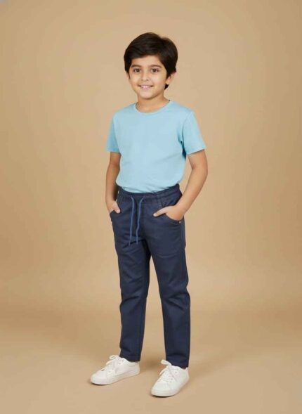 Boys dark blue stretchable denim jeans with elastic waistbandGelani kids boy slim fit winter denim pants in dark blueFront view of stretchable boys jeans with drawstring waistHigh-quality boys dark blue denim for winter season PakistanClose-up of stitching and pocket detail on Gelani boys jeansboys dark blue stretchable jeans Pakistan