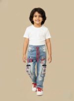 Boys light blue cargo denim jeans with red drawstringGelani brand kids stretchable denim pants with graphic printsClose-up of zippered cargo pockets on boys denim jeansBack view of boys winter denim jeans size 18 20 22Kids streetwear style denim jeans for winter in Pakistan
