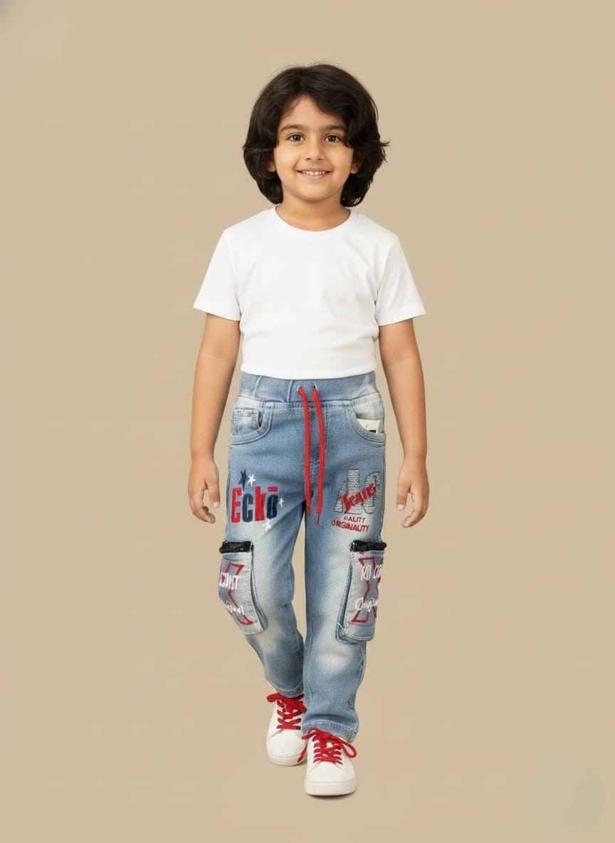 Boys light blue cargo denim jeans with red drawstringGelani brand kids stretchable denim pants with graphic printsClose-up of zippered cargo pockets on boys denim jeansBack view of boys winter denim jeans size 18 20 22Kids streetwear style denim jeans for winter in Pakistan