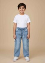 Boys light blue wide leg cargo jeans with elastic waistGelani kids boy stretchable denim pants Front view of boys cargo denim jeans with white drawstrings side pocketsKids relaxed fit wide leg jeans for winter season Pakistan Close-up of flap cargo pocket on boys light blue denimboys wide leg cargo jeans Pakistan boys wide leg cargo jeans