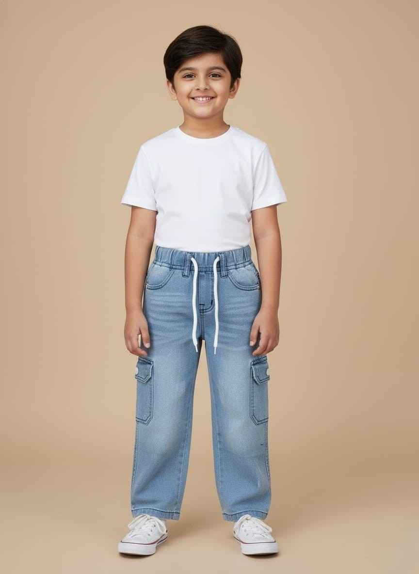Boys light blue wide leg cargo jeans with elastic waistGelani kids boy stretchable denim pants Front view of boys cargo denim jeans with white drawstrings side pocketsKids relaxed fit wide leg jeans for winter season Pakistan Close-up of flap cargo pocket on boys light blue denimboys wide leg cargo jeans Pakistan boys wide leg cargo jeans Pakistan