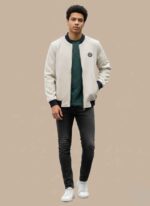 Classic Beige Men's Bomber Jacket with Black Trim and Zip Pockets