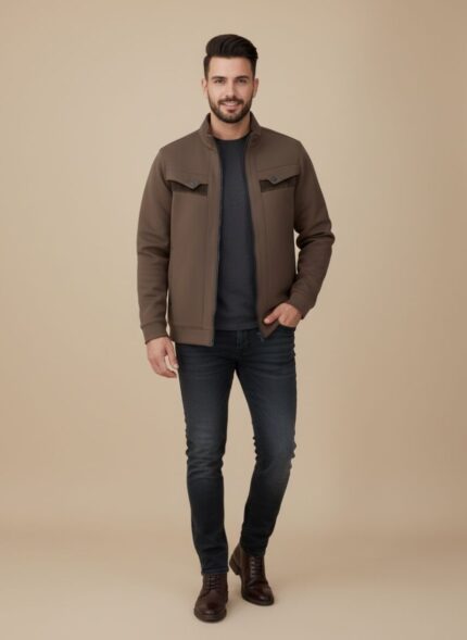 Men winter wool coat front view dark brown Stylish men whool winter coat stiched design Men warm winter coat with zip closure Premium men winter coat for cold weather GELANI,S men wool coat Pakistan winter Men Wool Coat Pakistan