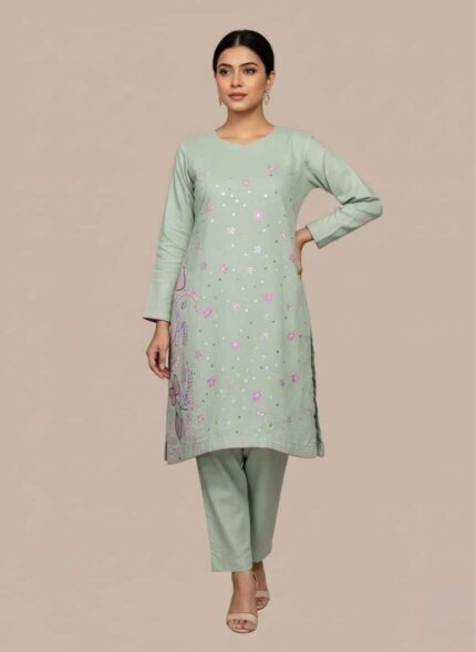 Hand painted parrot green cotton shirt with pink floral artClose up of intricate floral hand painting on green fabricWomen's 2 piece hand painted cotton suit in parrot greenTrendy Pakistani hand painted Side view of hand painted shirt with magenta border detailing wear for womenhand painted cotton suit pakistan