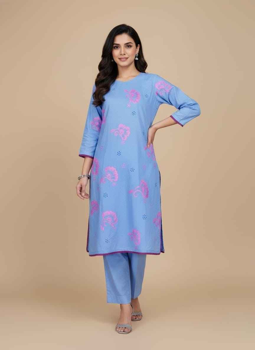 Light blue 2 piece cotton suit with hand painted pink floral designClose up of handcrafted flower painting on women's cotton shirtPakistani women's boutique style hand painted ethnic wearSide view of light blue kameez showing artistic floral vine paintingFolded 2 piece light blue cotton suit with artisan hand paintinghand painted cotton suit for women
