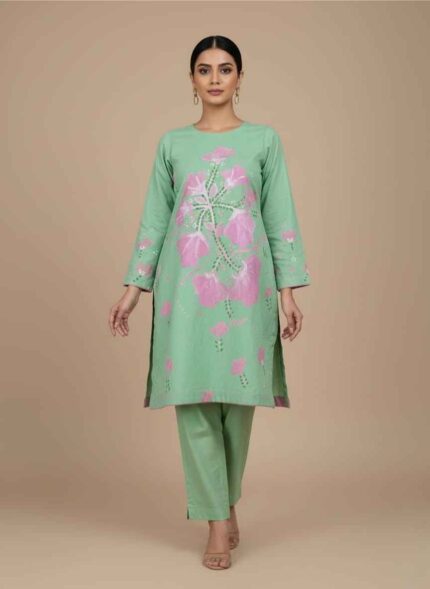 Light green women's cotton kurti with large pink hand painted Detailed view of handcrafted floral painting on light green cotton fabric. .Pakistani artisan hand painted 1 piece cotton shirt in light green.Elegant light green kurti for women featuring artistic hand painted motifs.Casual wear hand painted cotton kurti for women in Pakistan. hand painted cotton kurti pakistan