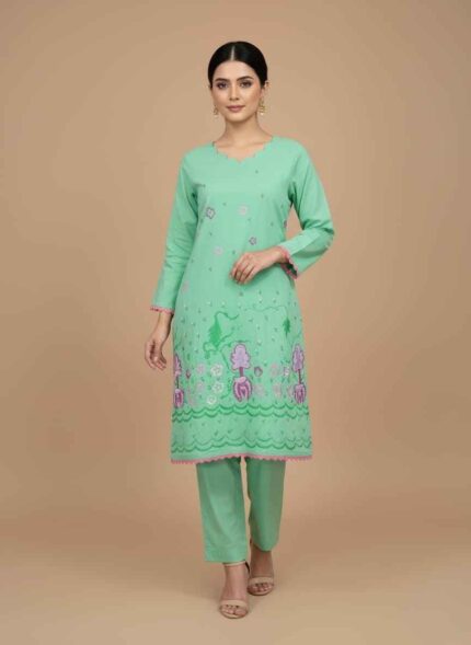 Women's light green 2 piece cotton suit with pink floral hand painting.Detailed view of handcrafted floral art on a light green cotton kameez. Pakistani artisan hand painted cotton suit for women in light green.Stylish 2 piece light green cotton outfit with hand painted flower motifs. Close up of hand painted border and sleeve details on a cotton shirt.hand painted cotton suit pakistan