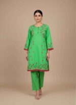 Light green hand painted cotton shirt and trouser set for women.Detailed view of hand painted pink flowers on a green cotton fabric.Maroon 2 piece cotton suit with gold bird and floral hand paintingVibrant green women's cotton kameez with pink lace and star Artisan handcrafted 2 piece ethnic wear for women in Pakistan.. hand painted 2 piece cotton suit