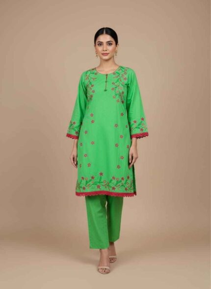 Light green hand painted cotton shirt and trouser set for women.Detailed view of hand painted pink flowers on a green cotton fabric.Maroon 2 piece cotton suit with gold bird and floral hand paintingVibrant green women's cotton kameez with pink lace and star Artisan handcrafted 2 piece ethnic wear for women in Pakistan.. hand painted 2 piece cotton suit