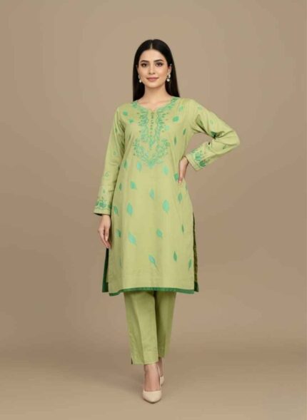 Women's light pista 2 piece cotton suit with hand painted pink flowers.Hand painted cotton suit pakistan in refreshing light pista green.Detailed view of handcrafted floral art on a light green cotton kameez.Artisan made 2pc cotton outfit with hand painted nature motifsClose up of hand painted sleeve and neck detailing on cotton fabric.hand painted cotton suit pakistan