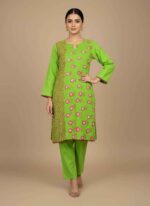 Parrot green 2 piece cotton suit for women with pink hand painted flowers.Close up of handcrafted star and floral patterns on a green cotton shirt.Detailed view of artisan hand painting on traditional Pakistani women's wear.Vibrant green women's cotton kameez with dark red lace border detailing.High-quality breathable cotton 2 piece hand painted suit for the Pakistanihand painted cotton suit pakistan