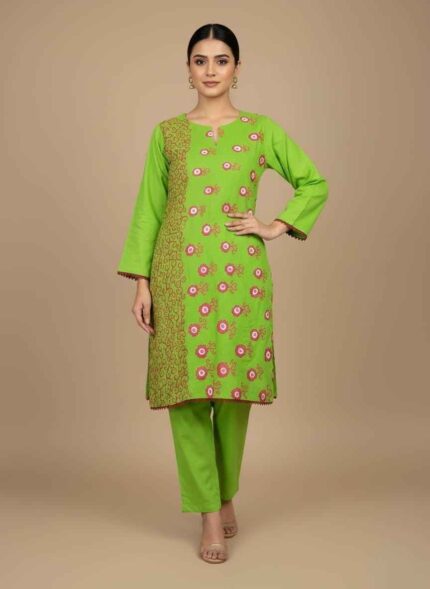 Parrot green 2 piece cotton suit for women with pink hand painted flowers.Close up of handcrafted star and floral patterns on a green cotton shirt.Detailed view of artisan hand painting on traditional Pakistani women's wear.Vibrant green women's cotton kameez with dark red lace border detailing.High-quality breathable cotton 2 piece hand painted suit for the Pakistanihand painted cotton suit pakistan