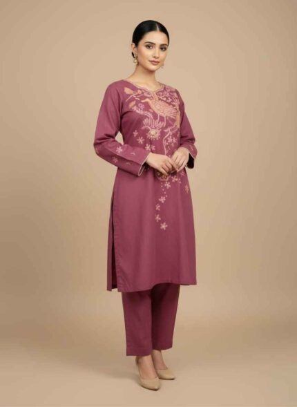 Maroon 2 piece cotton suit with hand painted bird and flower motifs.Close up of gold and peach hand painting on a maroon cotton shirt.Women's boutique style hand painted maroon ethnic wear 2 piece setDetailed view of traditional bird motif hand painted on a cotton kameez.Elegant maroon 2 piece hand painted suit for women in Pakistan.2 pc hand painted cotton suit