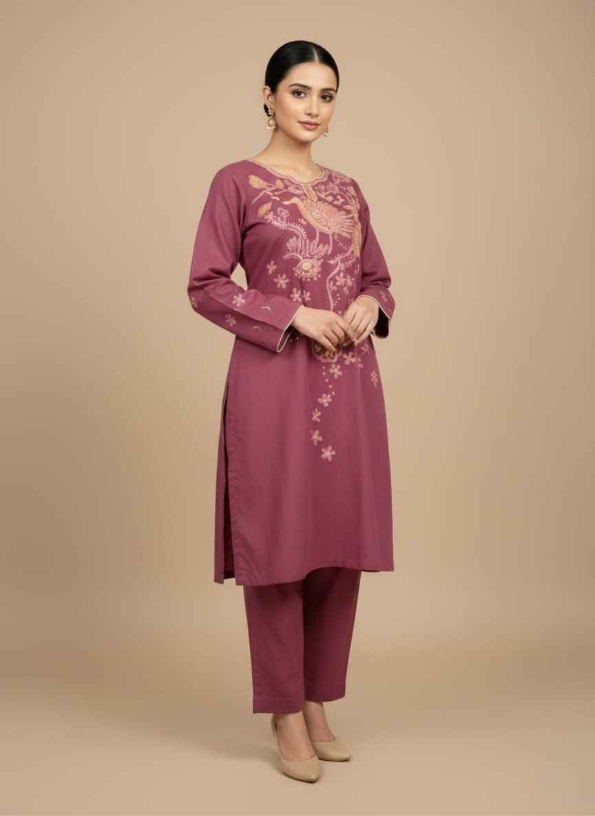 Maroon 2 piece cotton suit with hand painted bird and flower motifs.Close up of gold and peach hand painting on a maroon cotton shirt.Women's boutique style hand painted maroon ethnic wear 2 piece setDetailed view of traditional bird motif hand painted on a cotton kameez.Elegant maroon 2 piece hand painted suit for women in Pakistan.2 pc hand painted cotton suit