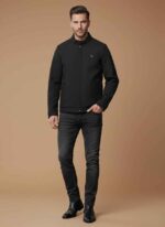 Men's black leather stitched winter jacket GELANI'S black leather jacket front view Men's winter leather jacket with zip pockets Premium black leather jacket for men Close-up of stitched black leather jacket Men's black leather