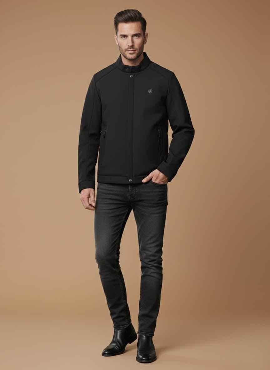 Black winter biker jacket front view Men’s stitched fleece jacket with zip pockets Winter black jacket with high neck collar Stylish men’s biker jacket full sleeves design Gelani's winter jacket close-up fabric detail men's black biker-style