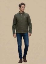 Men green leather moto jacket front view racer leather jacket stitched detail Men winter leather jacket back view Green moto jacket close-up stitching Men biker leather jacket full look Men Moto Racer Jacket Pakistan