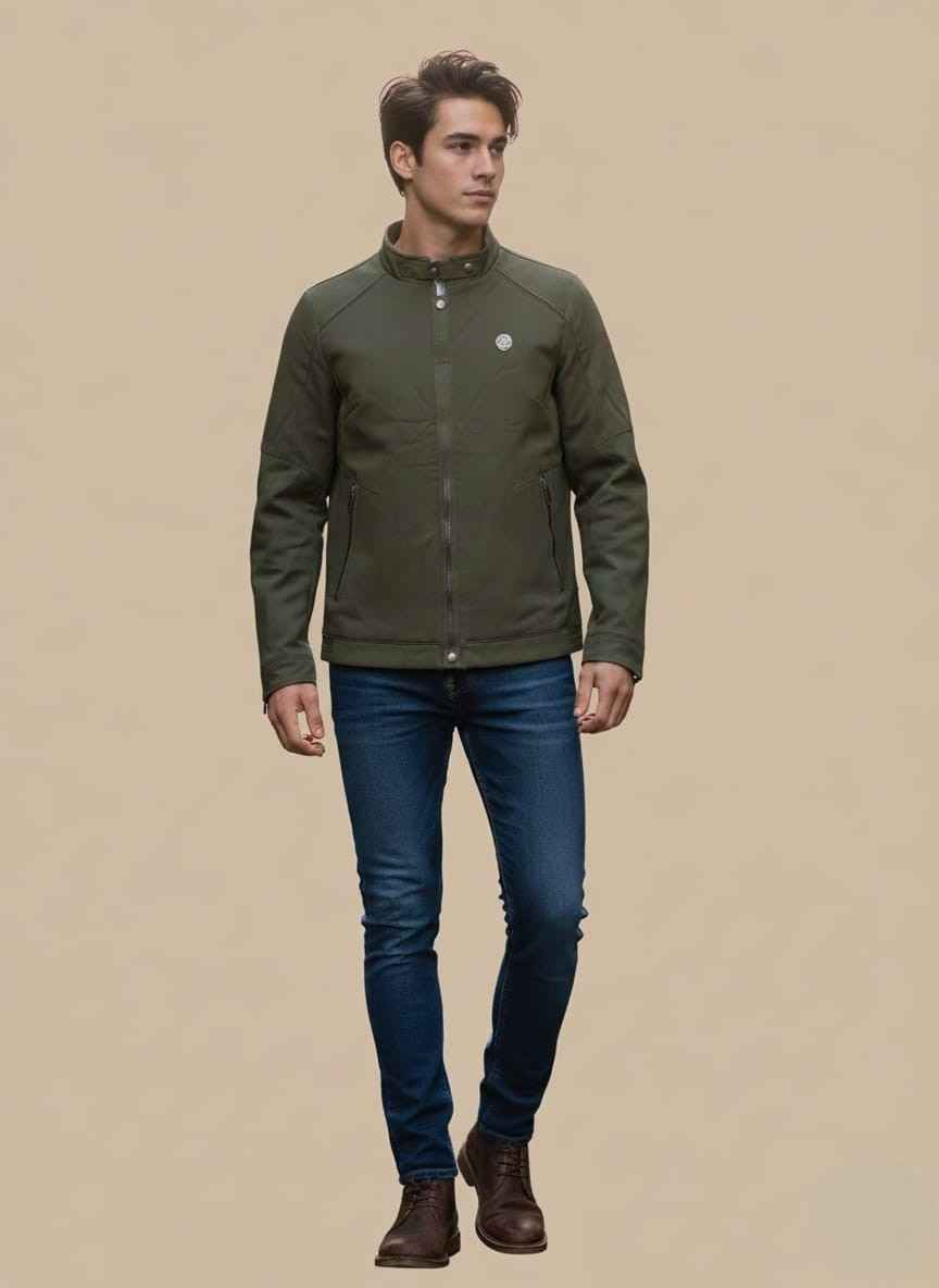 Men green leather moto jacket front view racer leather jacket stitched detail Men winter leather jacket back view Green moto jacket close-up stitching Men biker leather jacket full look Men Moto Racer Jacket Pakistan