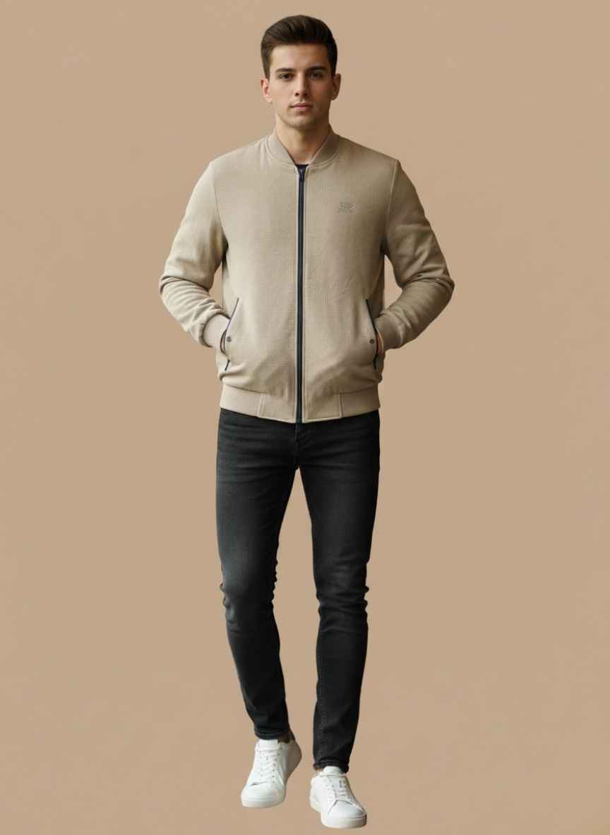 Men's skin color fleece winter jacket front view GELANI'S stitched fleece jacket for men Men's winter fleece jacket with zip pockets Soft fleece jacket for men winter wear Close-up of fleece fabric and stitching details men fleece Pakistan