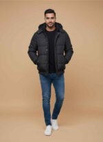 Front View: GELANI'S black parachute jacket for men with front zipper and hood Fabric Detail: Close up of quilted parachute material on black puffer jacket Back View: Rear view of men's black winter puffer jacket showing stitched sections Pocket View: Detail shot of side zippered pocket on black parachute jacket Lifestyle: Black parachute jacket for men on light brown background for winter fashion Parachute Jacket for Men