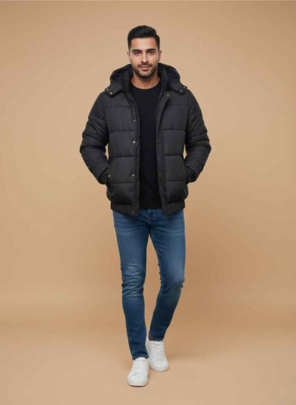 Front View: GELANI'S black parachute jacket for men with front zipper and hood Fabric Detail: Close up of quilted parachute material on black puffer jacket Back View: Rear view of men's black winter puffer jacket showing stitched sections Pocket View: Detail shot of side zippered pocket on black parachute jacket Lifestyle: Black parachute jacket for men on light brown background for winter fashion Parachute Jacket for Men