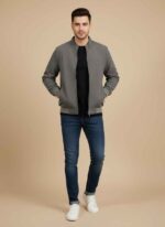 Men's dark gray wool jacket with premium stitching by Gelani's Light gray wool jacket for men in XXL size for winter Close-up of high-quality wool fabric texture on a gray winter jacket Gelani's stitched wool outerwear for men in charcoal gray Front view of a formal light gray wool jacket for men in Pakistan wool jacket for men