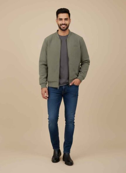 Men's olive green fleece jacket with full-zip and stand-up collar Premium cream-colored fleece jacket for men with stitched details Close-up of high-quality fleece fabric texture on a winter jacket Gelani's olive green winter jacket for men in XXL size Stylish stitched fleece jacket for men available in Pakistan fleece jacket for men