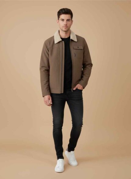 Gelani's premium black leather jacket for men with silver zippers Stitched brown leather jacket for men with a classic collar design Men's winter leather jacket in Pakistan available in plus sizes L to XXXL Close-up of reinforced stitching on a high-quality leather jacket for men Front view of a stylish black leather jacket for men by Gelani's brand leather jacket for men