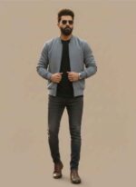 Men's gray fleece jacket with premium stitching by Gelani's Skin colored fleece jacket for men in XXL size for winter Close-up of high-quality fleece fabric texture on a plus-size jacket Gelani's stitched fleece outerwear for men in elegant gray Front view of a formal skin tone fleece jacket for men in Pakistan fleece jacket for men