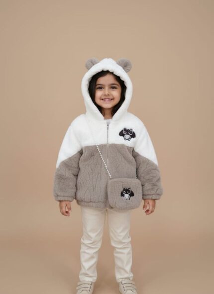 Provide descriptive text for accessibility and image search optimization. Toddler faux fur coat for girls in a red, black, and white color-block pattern with a hood and drawstring waist.