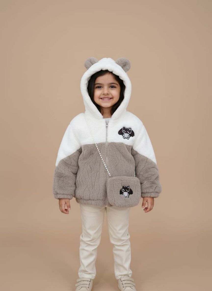 Provide descriptive text for accessibility and image search optimization. Toddler faux fur coat for girls in a red, black, and white color-block pattern with a hood and drawstring waist.