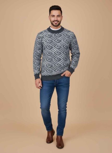 Gelani's light gray whool sweater for men with premium stitched knit pattern Men's winter whool sweater in light gray color free size fit Front view of a stitched whool sweater for men for Pakistan winter fashion Premium light gray knitwear for men by Gelani's brand winter collection Soft texture and detailed stitching on a light gray whool sweater for men whool sweater for men