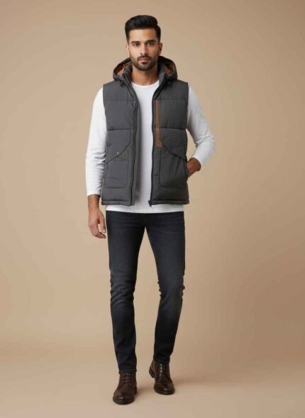 Gelani's men's black sleeveless parachute jacket with hood for winter Front view of premium stitched puffer vest for men in jet black Close-up of windproof parachute fabric on a men's winter vest Sleeveless parachute jacket for men showing zipper and pocket details Stylish black winter layering jacket for men by Gelani's Pakistan sleeve less parachute jacket for men