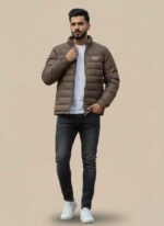 Gelani's black parachute jacket for men with full-zip front and stand-up collar Men's winter stitched musturd color jacket in durable windproof parachute fabric Plus size XXXXL brown parachute jacket for men for Pakistan winter Light skin color parachute jacket for men with premium stitched detailing Stitched winter outerwear for men in XL size by Gelani's brand parachute jacket for men