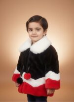 Concise, descriptive, and keyword-rich for screen readers and image search. Young girl wearing a color-block red, black, and white girls faux fur jacket with a hood and drawstring waist.