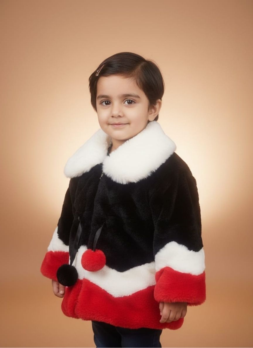 Concise, descriptive, and keyword-rich for screen readers and image search. Young girl wearing a color-block red, black, and white girls faux fur jacket with a hood and drawstring waist.