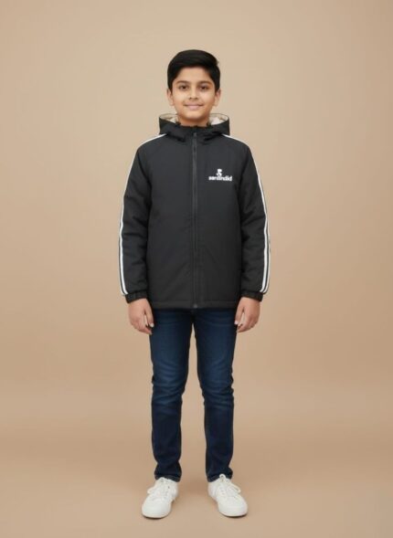 BLACK jacket with hood with a full zipper and ribbed cuffs.