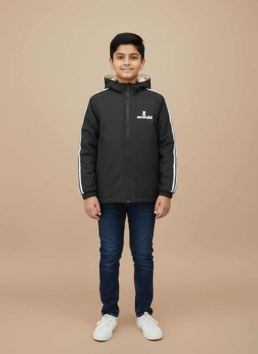 Highly descriptive for accessibility and image SEO. Girls hooded faux fur jacket in red, black, and white color-block with a pom-pom zipper pull and light-colored pants.