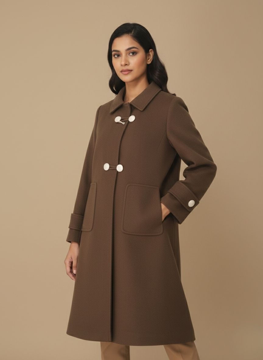 Taupe/mauve knit coat with an open front, wide sleeves, white geometric hashtag pattern, and a pearl accent, styled on a plain light brown background.